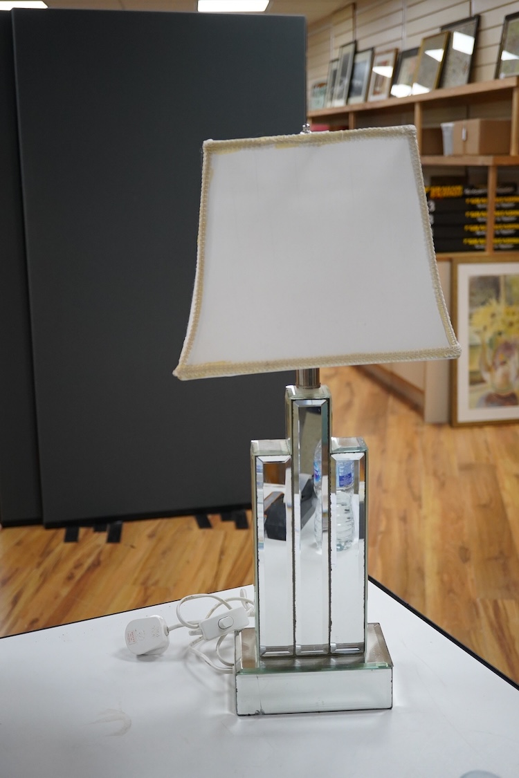 A modern mirrored table lamp and shade, 63cm total